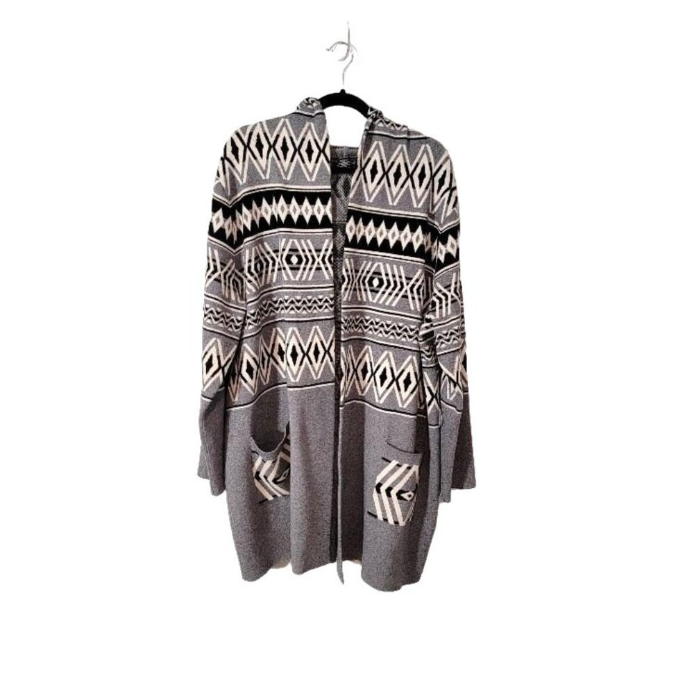 Rachel Zoe Grey Black Aztec Pattern Long Sleeve Hooded Cardigan - Sz 2X